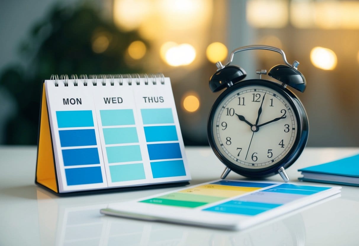 A desk calendar with color-coded time blocks and a clock showing a busy schedule with overlapping tasks