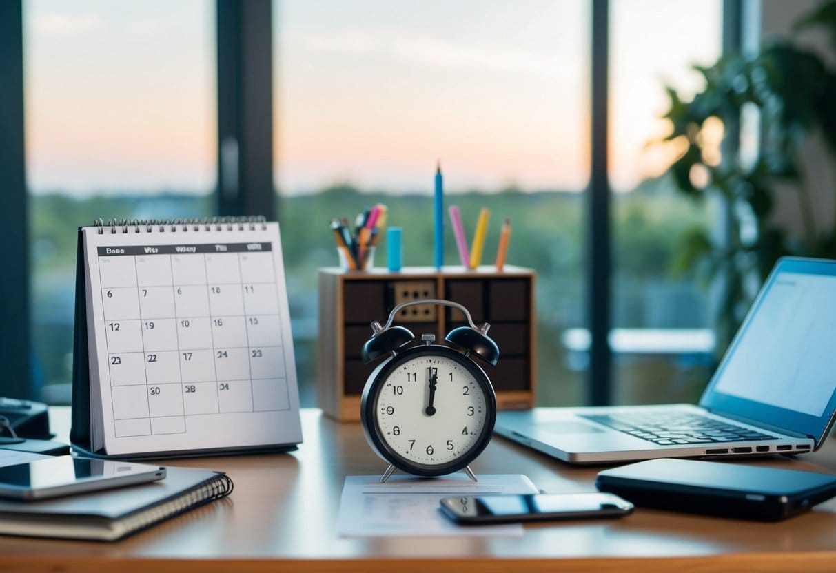 A cluttered desk with a calendar, clock, and various electronic devices. A timer set for focused work, with a serene outdoor view in the background