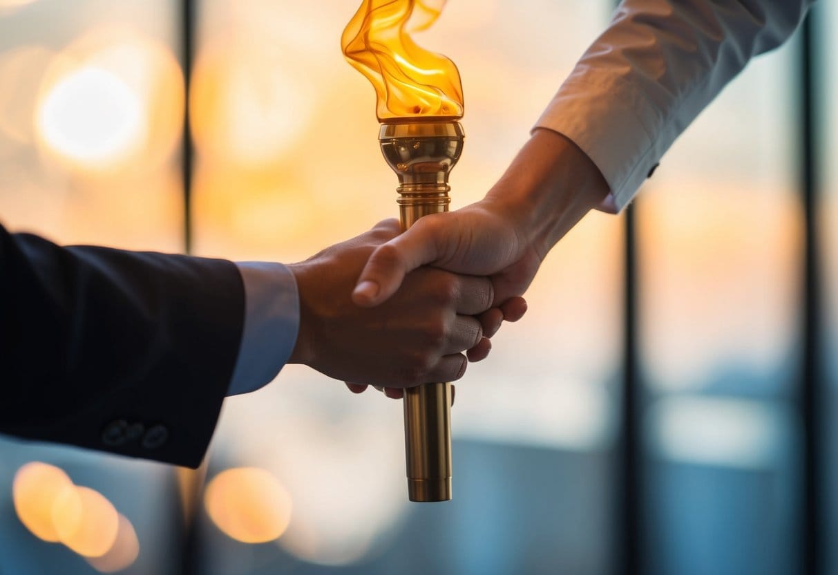 A figure handing off a torch to another figure, symbolizing the act of strategic delegation and empowerment