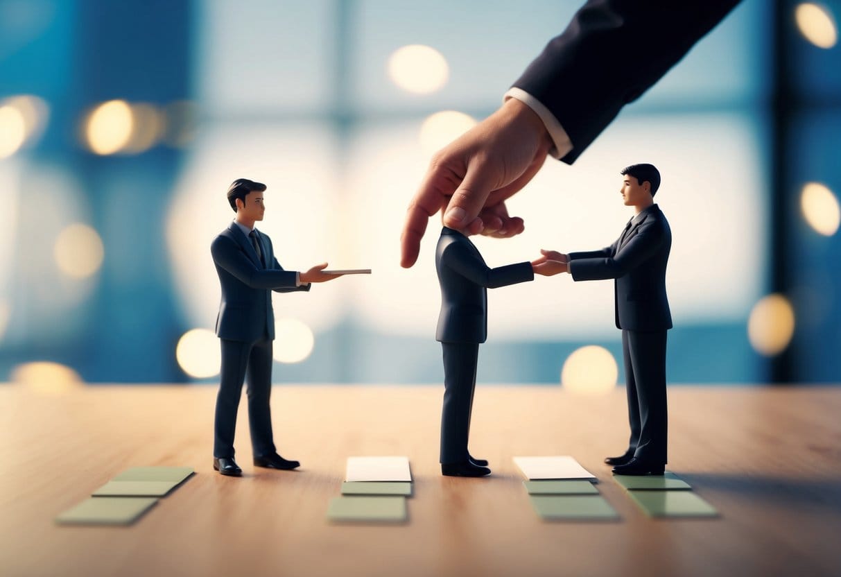 A figure handing off a task to another, symbolizing empowerment and time management through strategic delegation