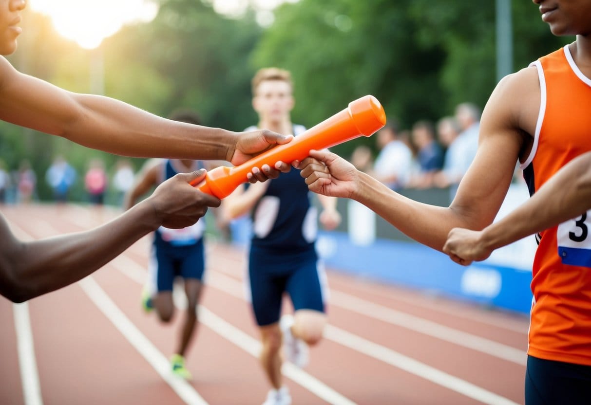 A person handing off a baton in a relay race, symbolizing strategic delegation and empowerment
