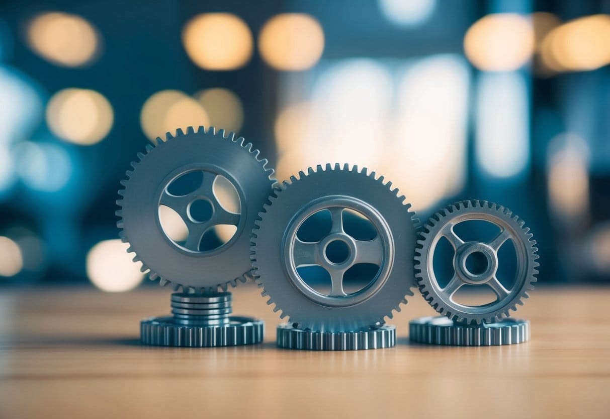 A group of gears working together, each turning independently but in sync, symbolizing delegated autonomy and strategic delegation