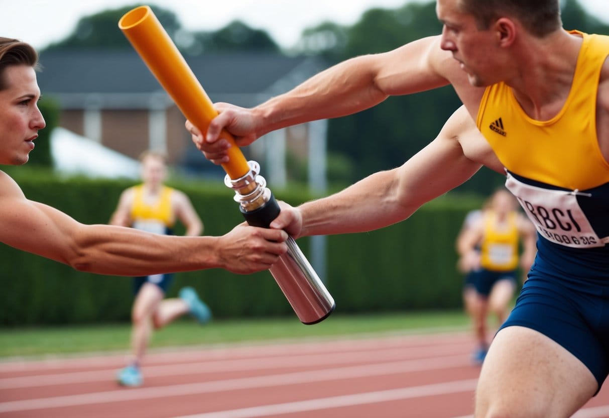 A person handing off a baton to another person in a relay race