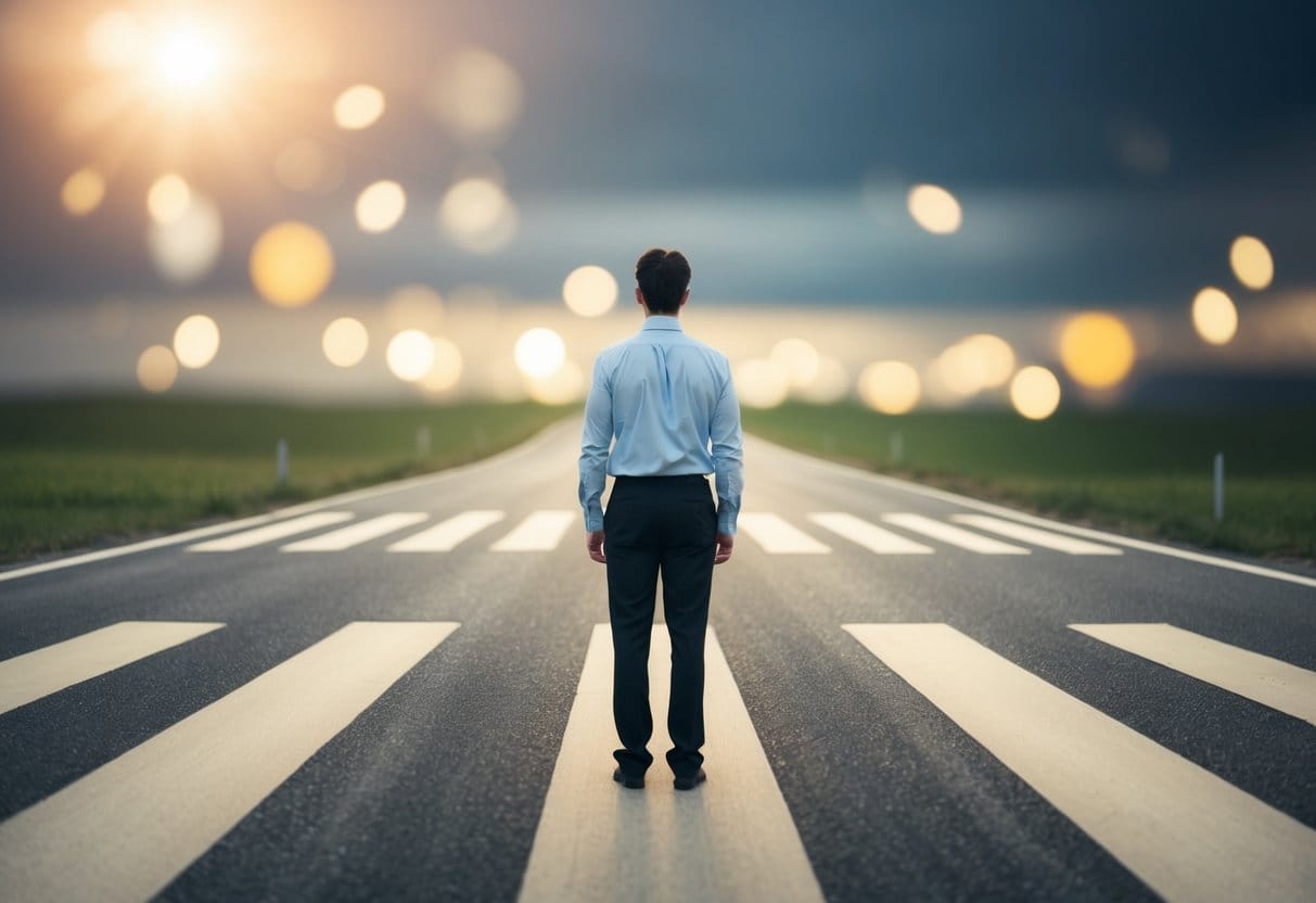 A person standing at a crossroads, with multiple paths leading in different directions. They are carefully considering their options, weighing the potential opportunities ahead