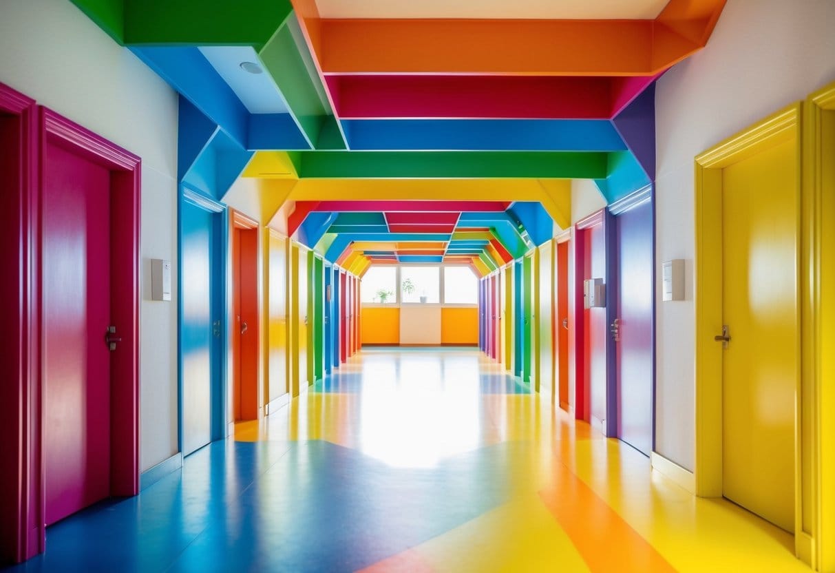 A colorful maze of interconnected pathways leading to a bright, open space with multiple doors and opportunities