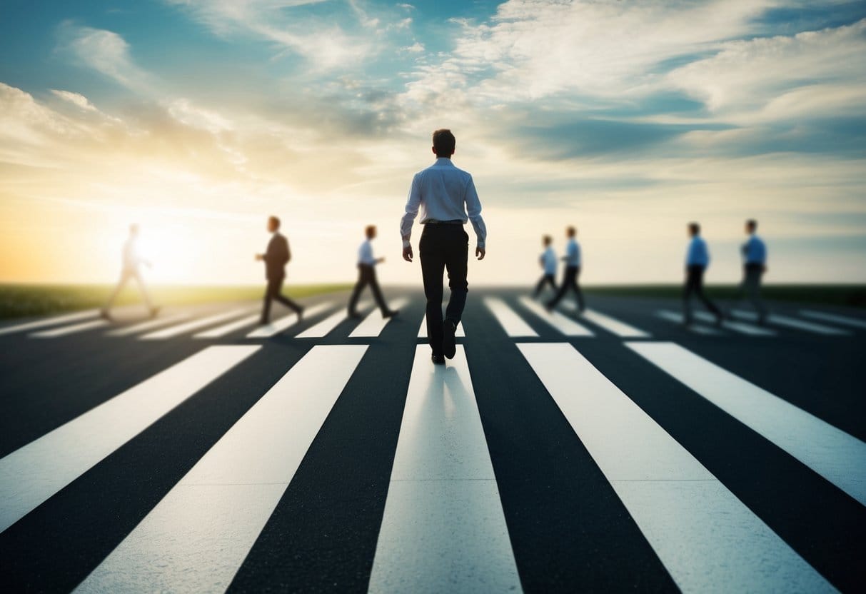A person at a crossroads, with multiple paths leading in different directions, each path representing a different opportunity