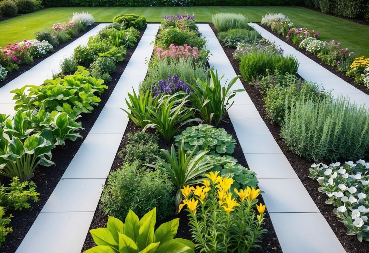 A lush garden with a variety of plants and flowers, neatly divided into sections with clear boundaries. Each section represents a different opportunity for growth