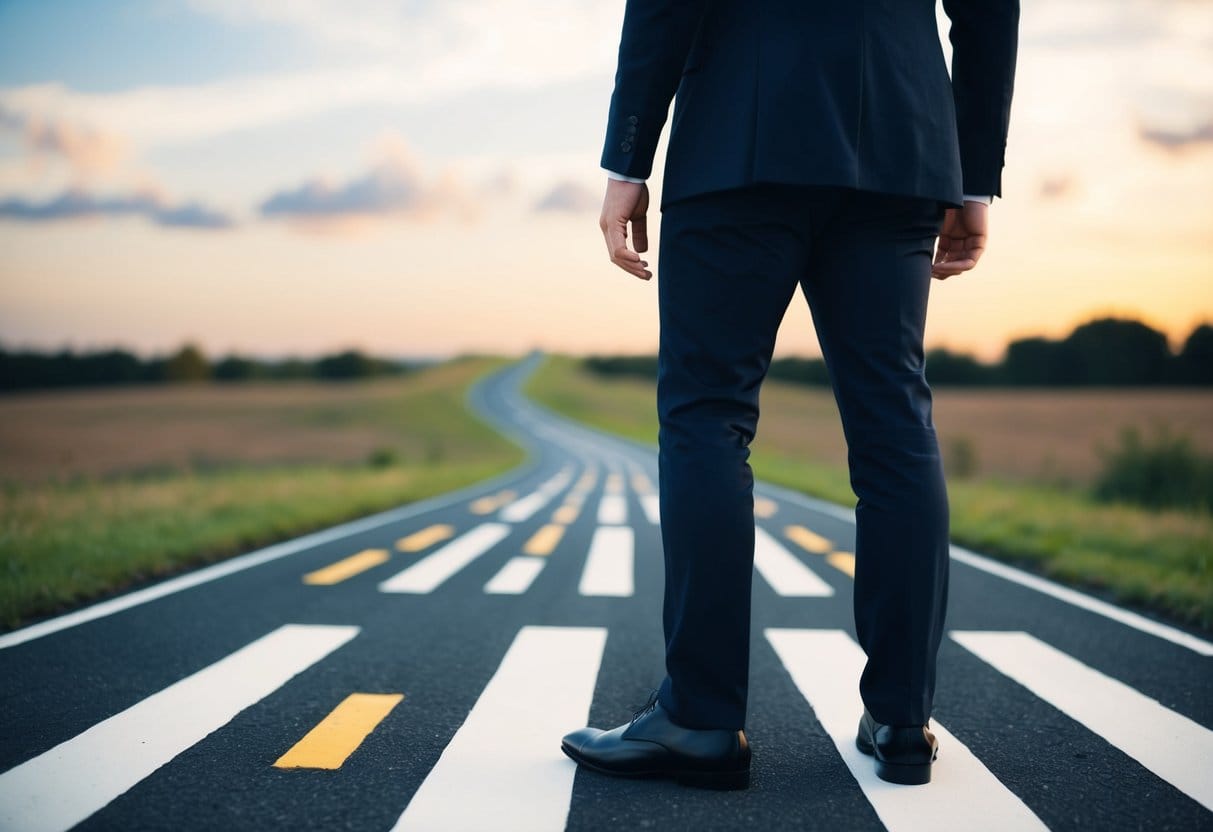 A person standing at a crossroads, with various paths leading to different opportunities. They are carefully considering each path before strategically choosing which one to pursue