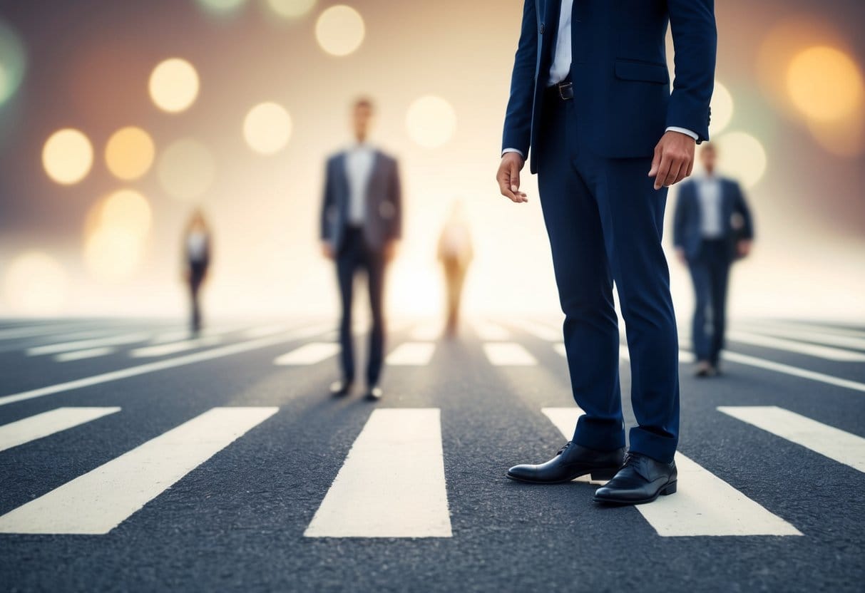 A person standing at a crossroads, with multiple paths leading in different directions, representing the choices and opportunities involved in managing relationships and expectations