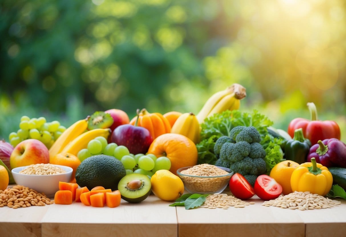 A table set with a colorful array of fresh fruits, vegetables, and whole grains, with a serene and peaceful atmosphere