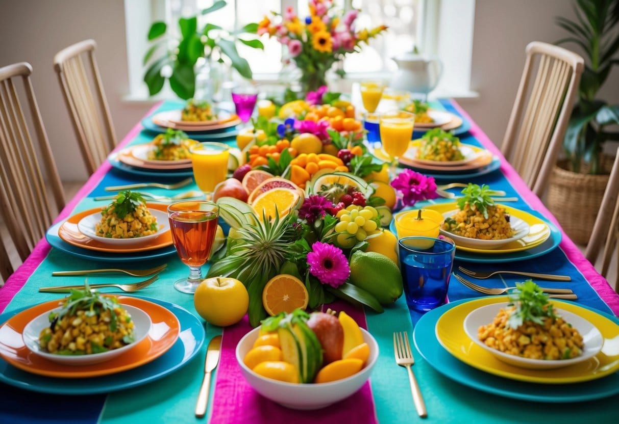 A colorful table set with a variety of fresh, vibrant foods, surrounded by natural elements like flowers and fruits, evoking a sense of mindfulness and savoring
