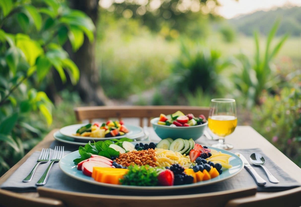 A serene setting with a table set for one, surrounded by nature, with a variety of colorful and healthy foods arranged in an appealing and artistic manner