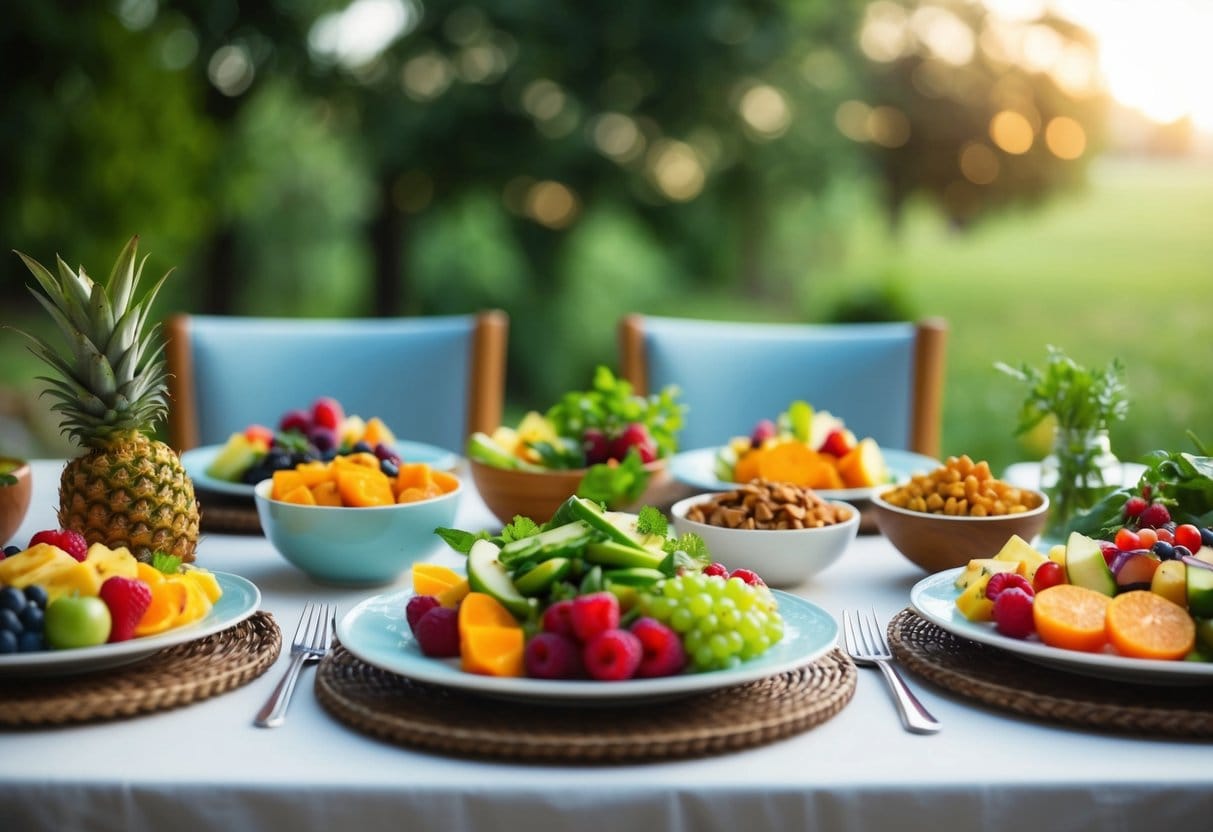 A serene table setting with a variety of colorful, healthy foods arranged in an appealing and artful manner