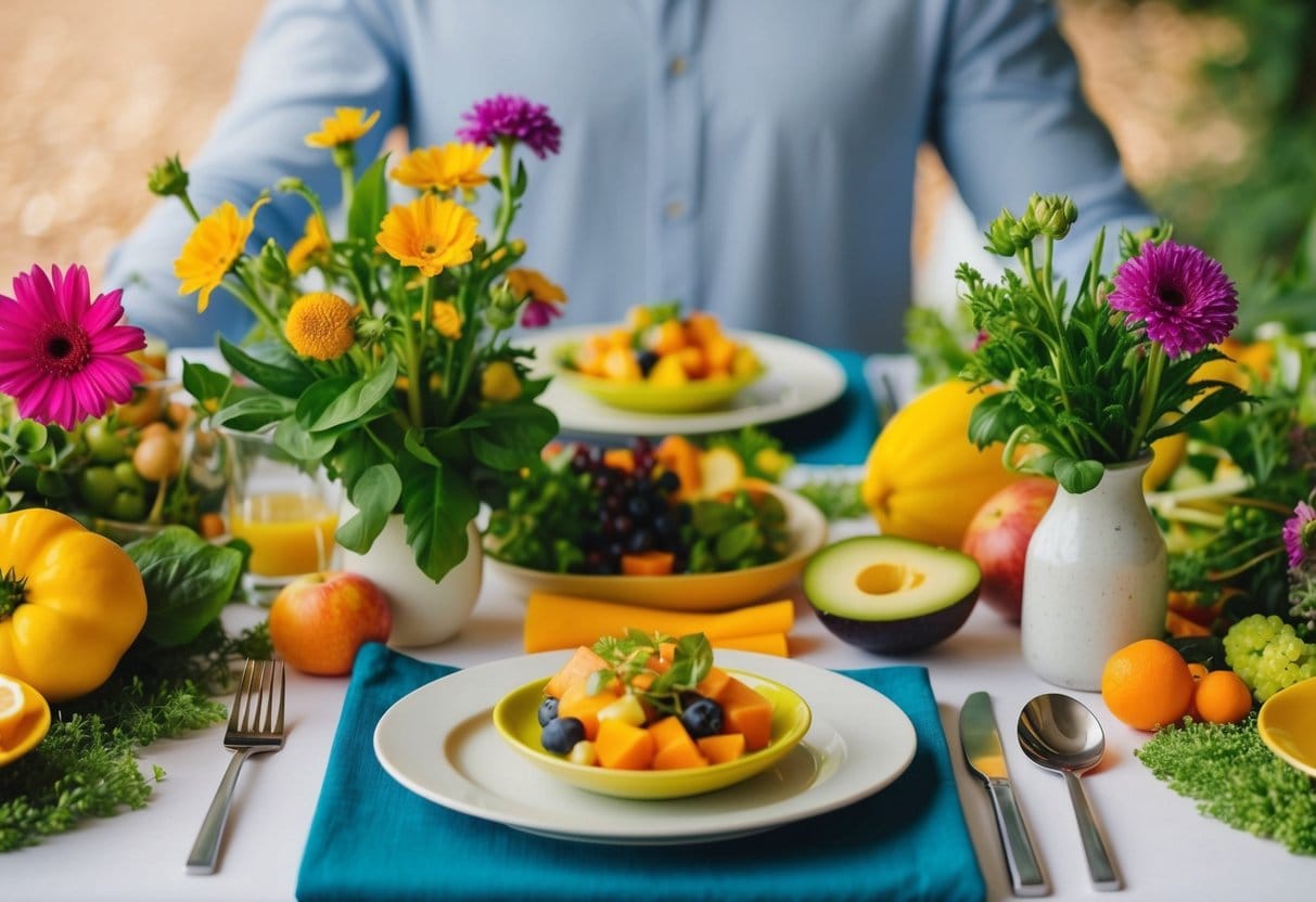 A serene table setting with a colorful, balanced meal surrounded by natural elements like flowers and fresh produce