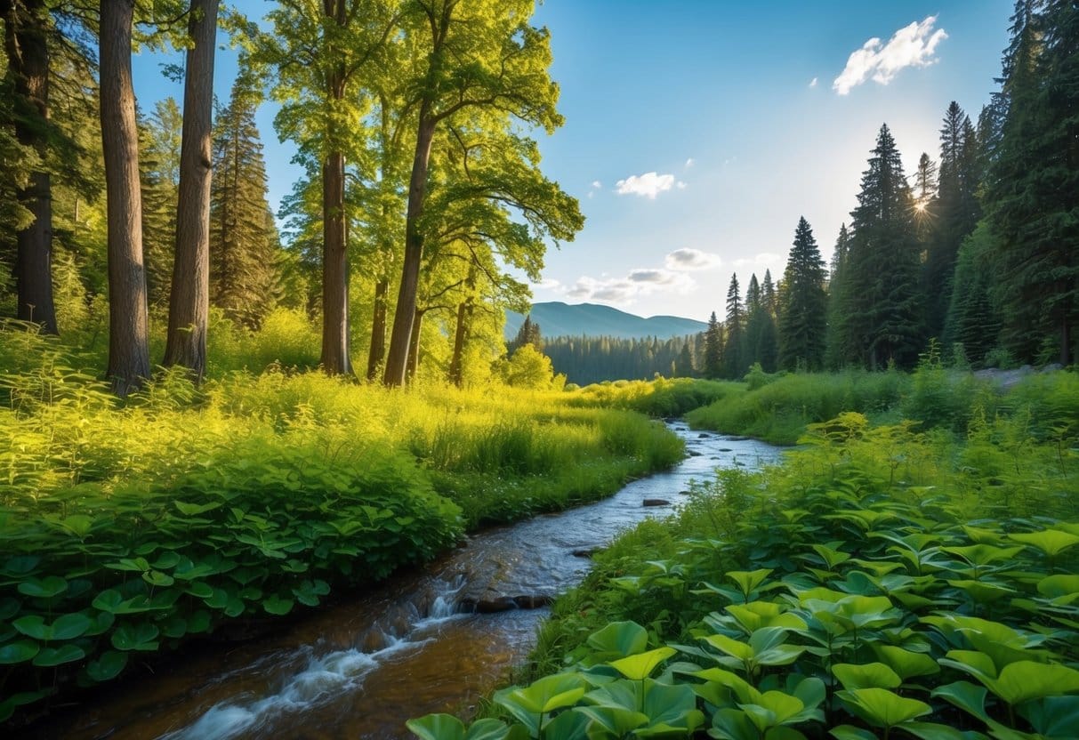 A serene forest clearing with dappled sunlight, a flowing stream, and vibrant green foliage, surrounded by towering trees and distant mountains