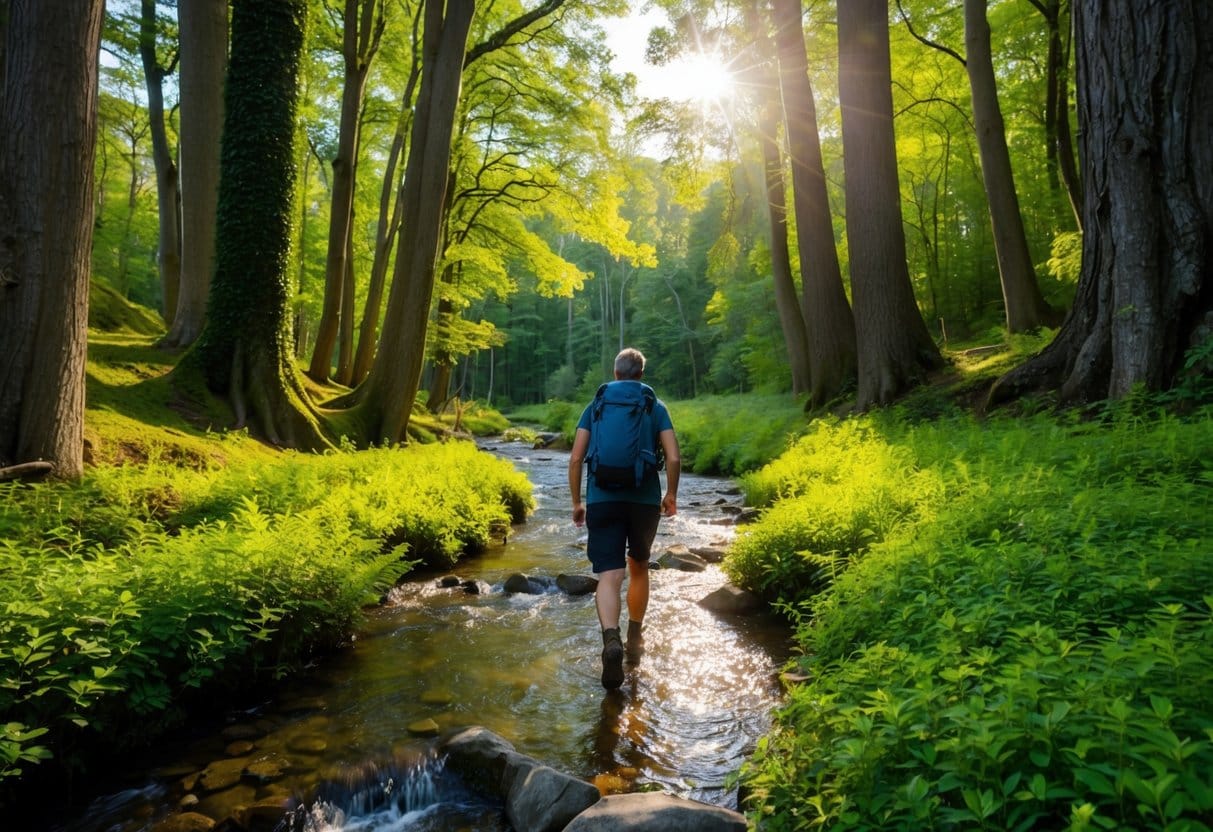 A person hiking through a lush, green forest surrounded by towering trees and a clear, flowing stream, with the sun shining through the branches above