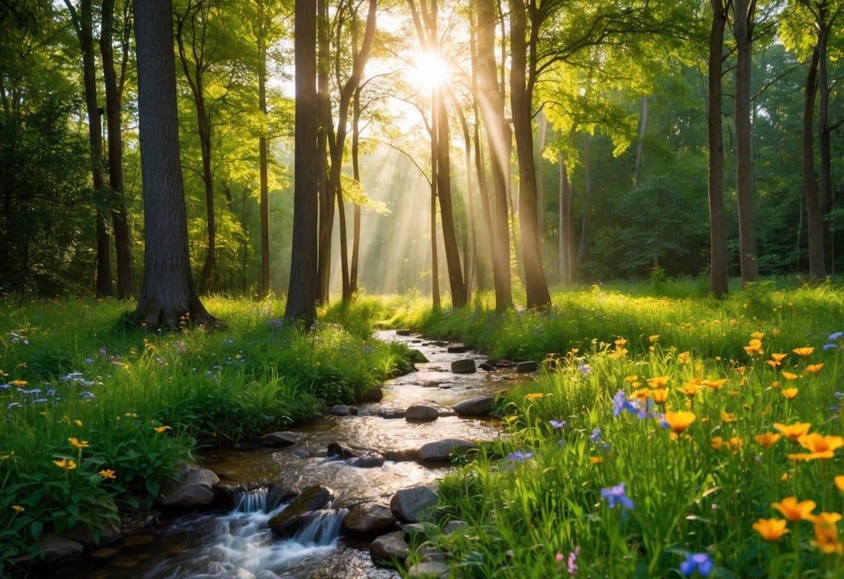 A serene forest clearing with dappled sunlight filtering through the trees, a bubbling stream, and colorful wildflowers blooming in the meadow