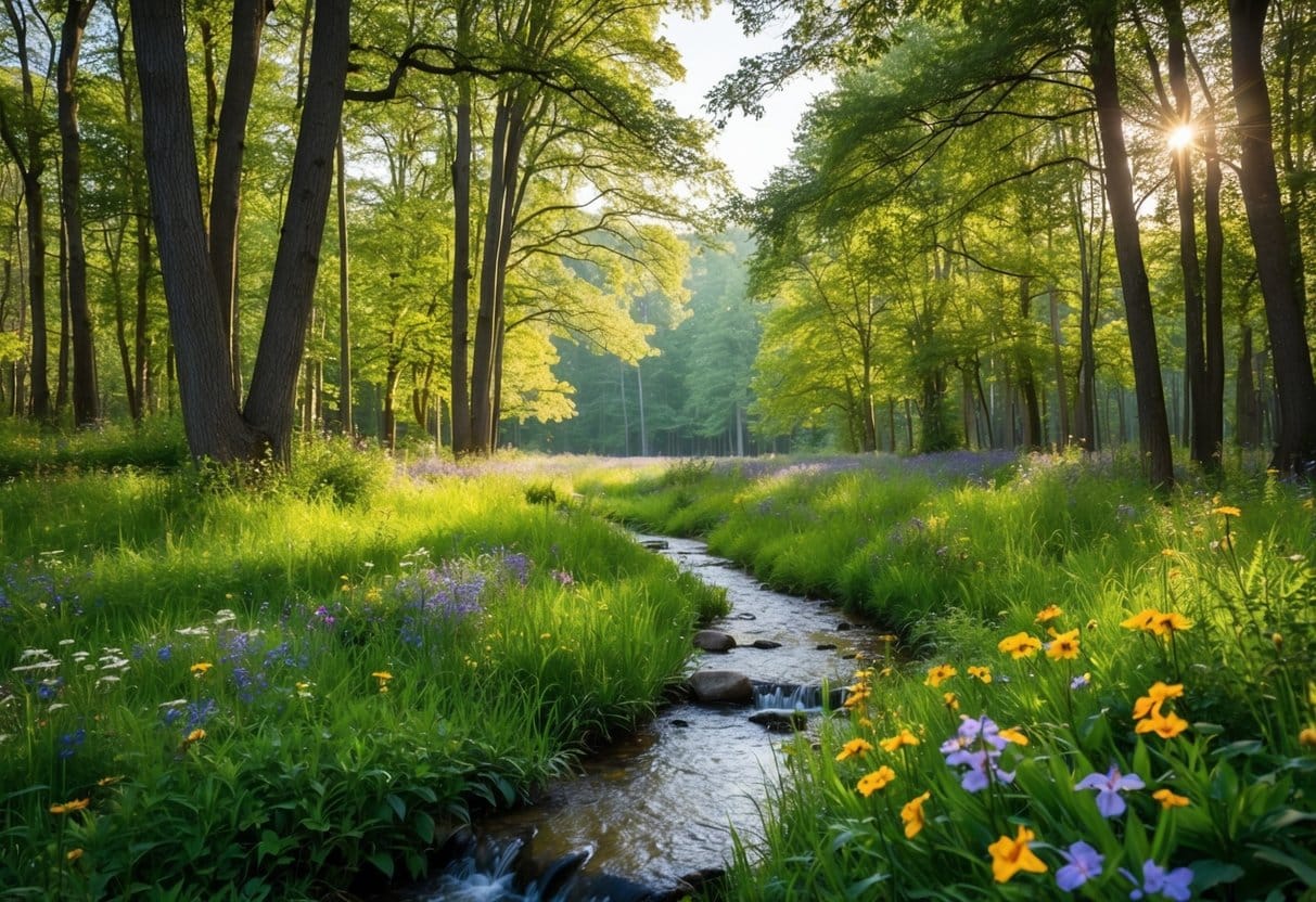 A serene forest clearing with dappled sunlight filtering through the trees, a gentle stream flowing, and colorful wildflowers blooming, evoking a sense of peace and tranquility