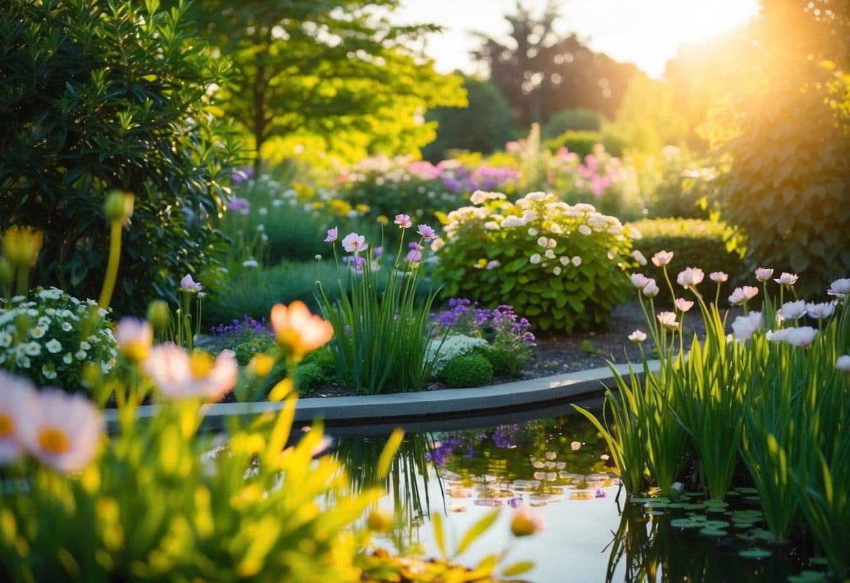 A serene garden with blooming flowers and a peaceful pond, surrounded by lush greenery and bathed in warm sunlight