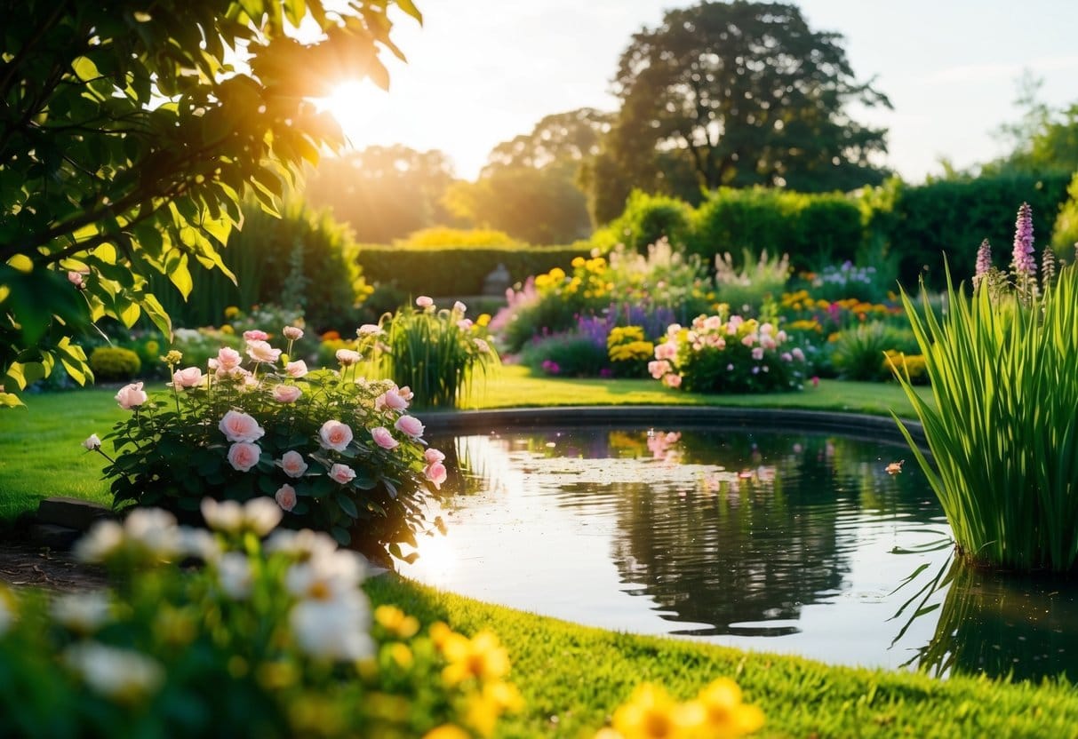 A serene garden with blooming flowers and a peaceful pond, surrounded by lush greenery and bathed in warm sunlight