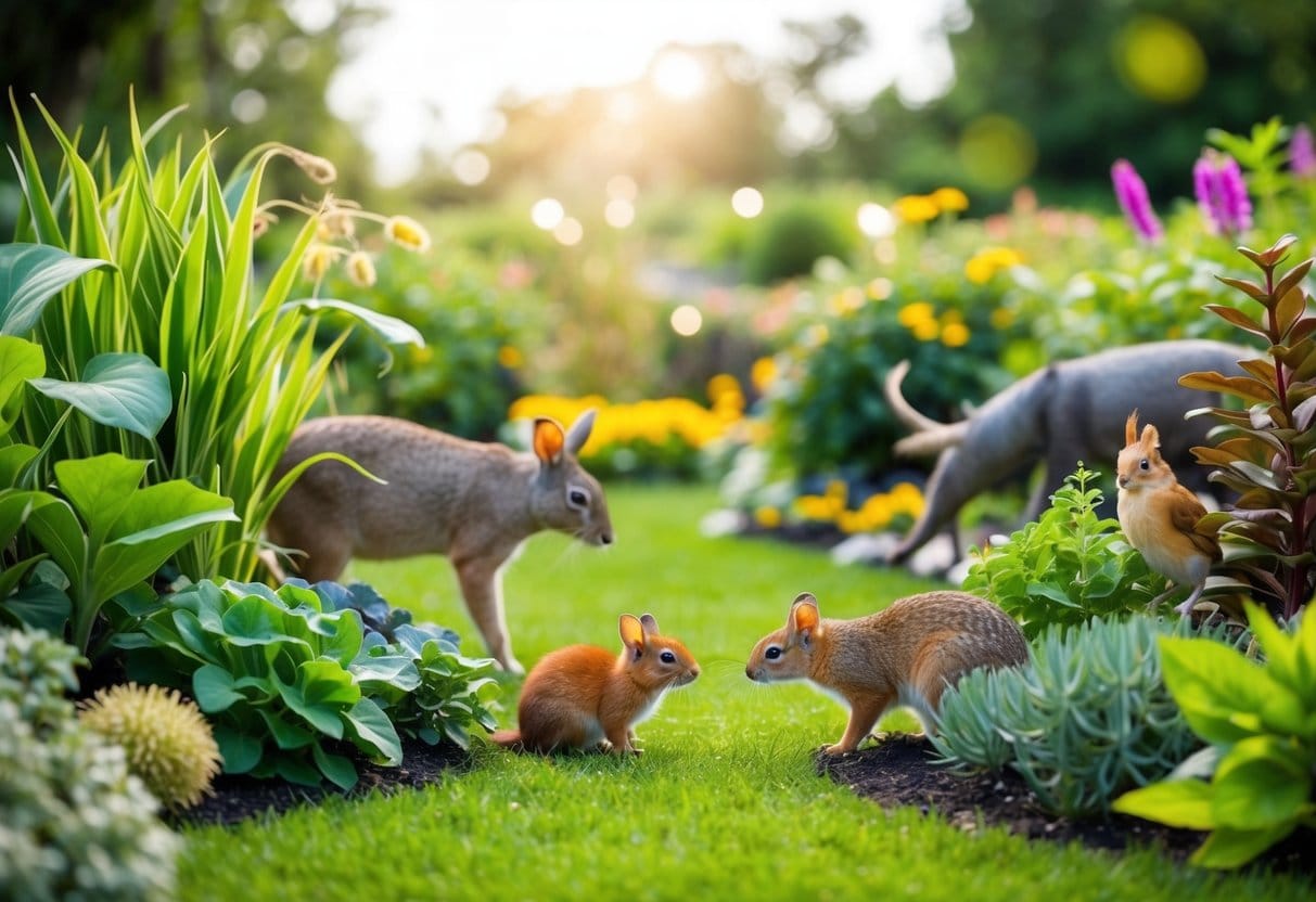 A peaceful garden with diverse plants and animals coexisting harmoniously, representing the interconnectedness of all living beings
