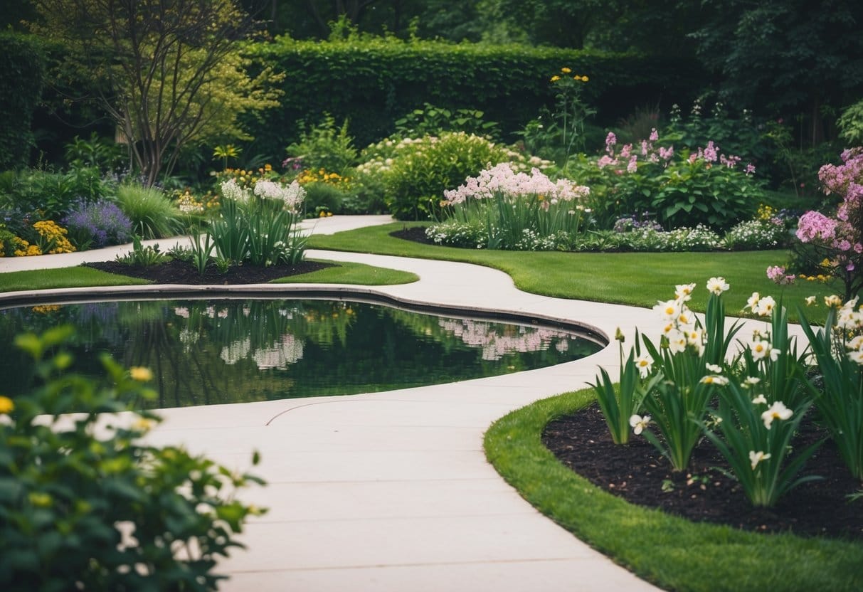 A serene garden with a winding path, blooming flowers, and a tranquil pond reflecting the surrounding greenery. A sense of calm and introspection permeates the scene