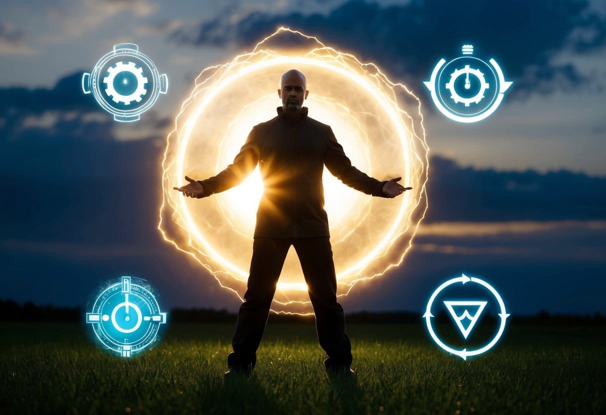 A figure surrounded by a glowing force field, warding off intrusions and distractions. Surrounding the figure are symbols of energy and time