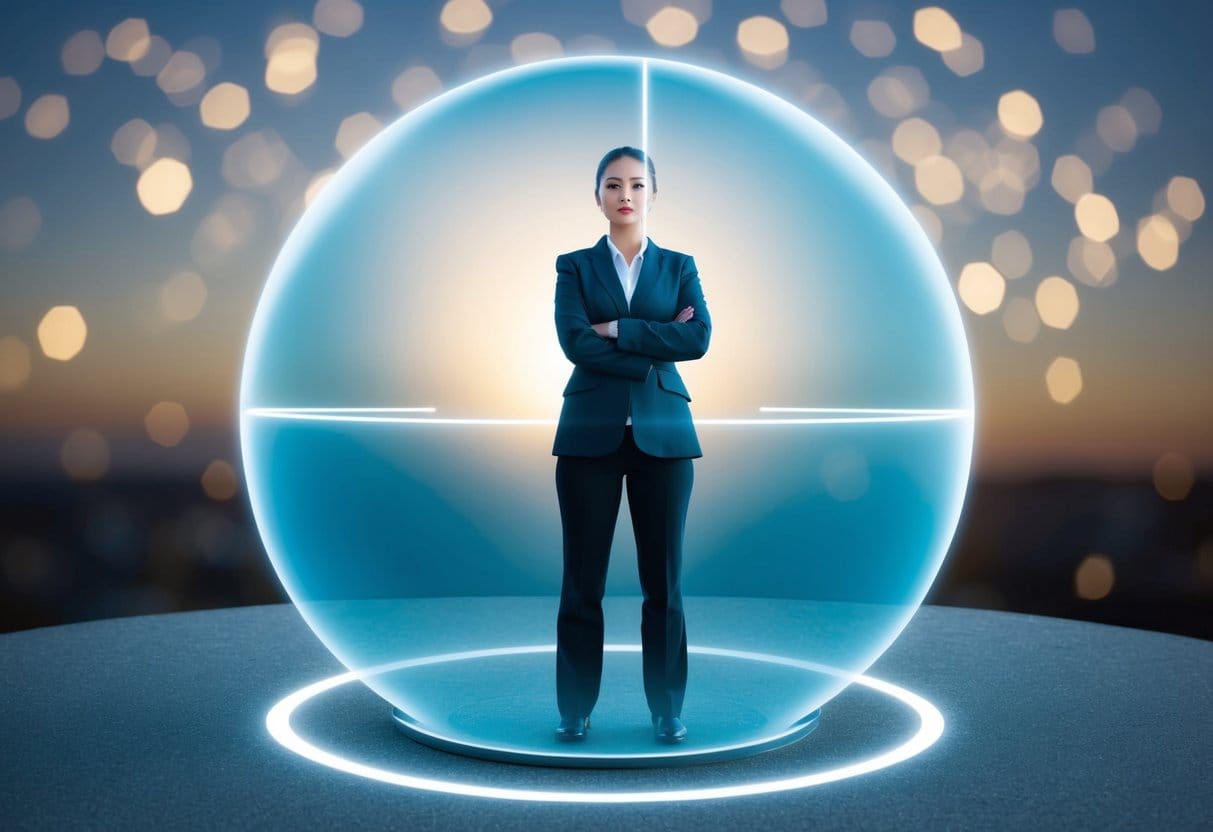 A person standing confidently within a protective bubble, surrounded by a clear boundary line, with a shield deflecting negative energy