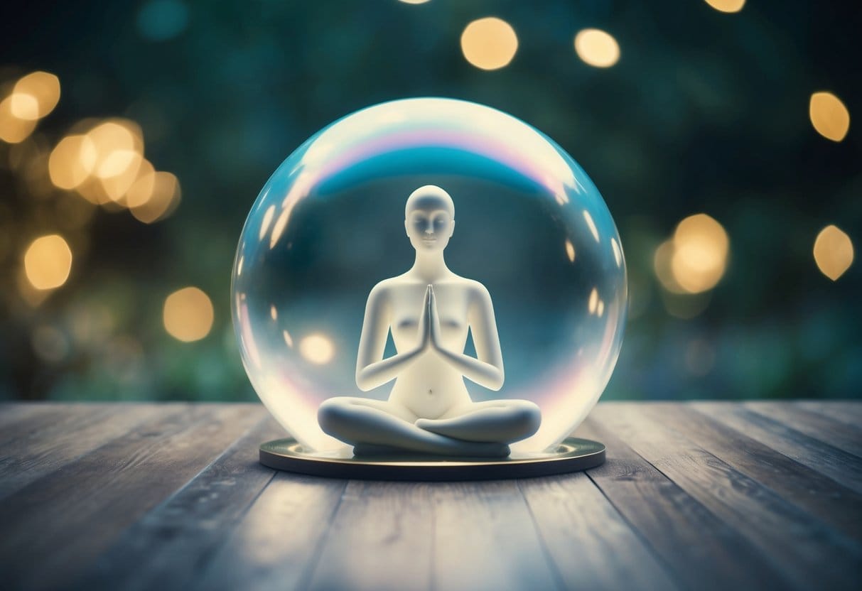 A serene figure surrounded by a protective bubble, shielding themselves from external demands and nurturing their own energy and time