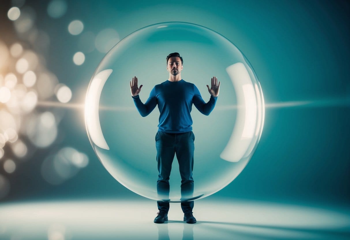 A person standing in a bubble surrounded by a force field, with a clear boundary separating them from external influences