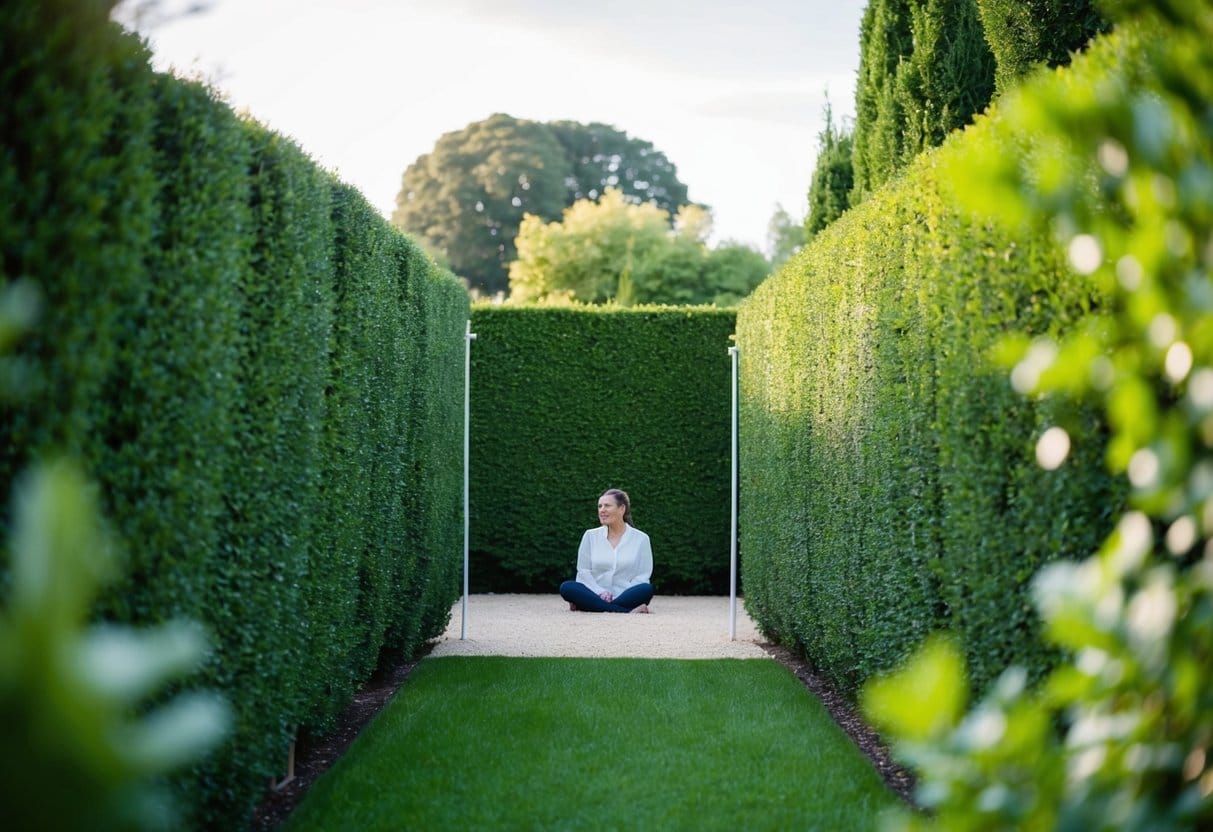 A serene garden with a clear boundary of tall, lush hedges, separating it from the outside world. A person sits peacefully inside, surrounded by a sense of protection and tranquility