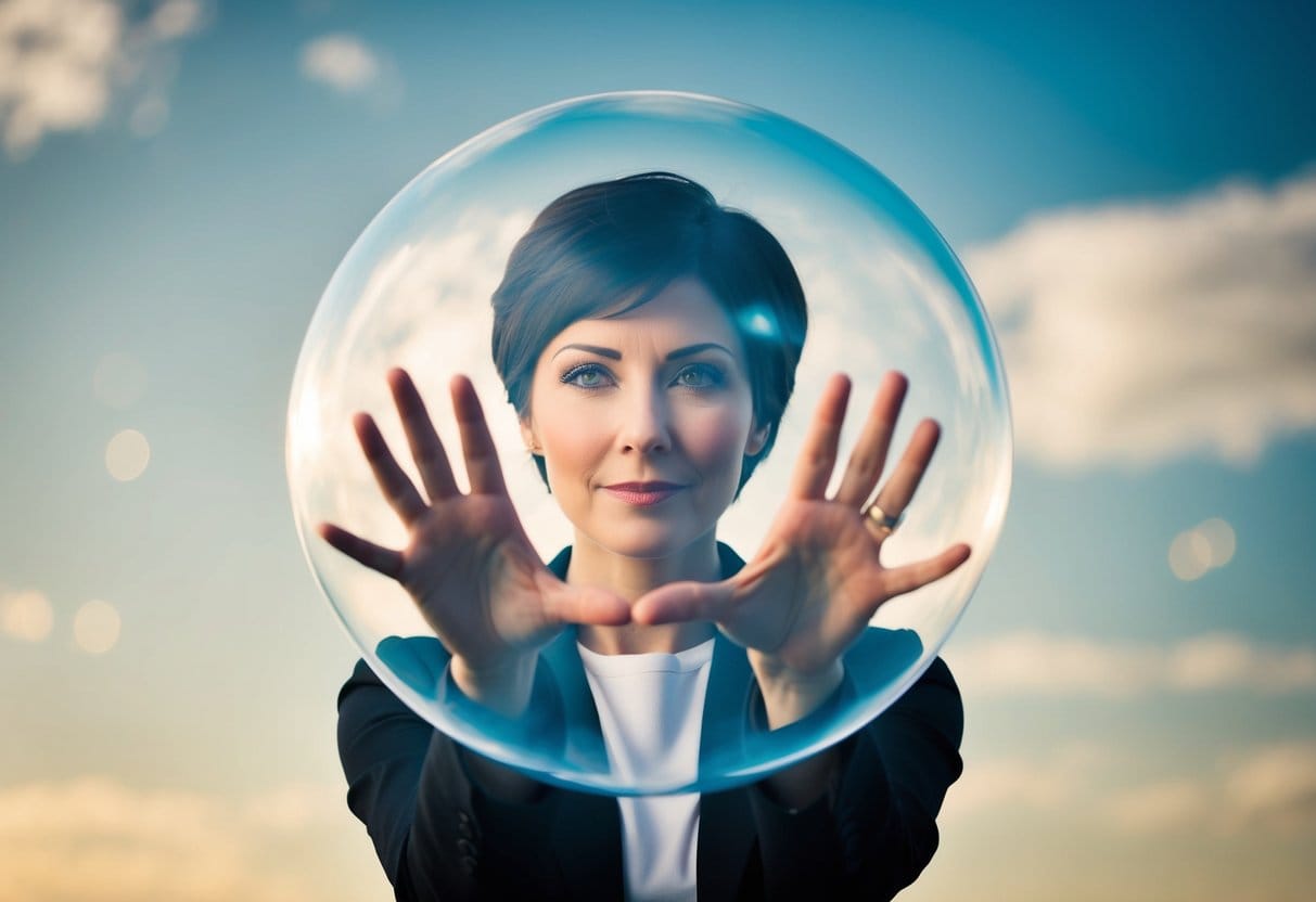 A person surrounded by a protective bubble, shielding them from external demands and preserving their energy and time