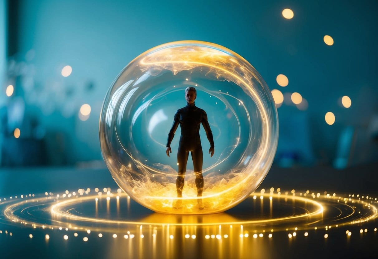 A figure standing within a glowing bubble, surrounded by swirling energy, with clear boundaries separating them from the outside world
