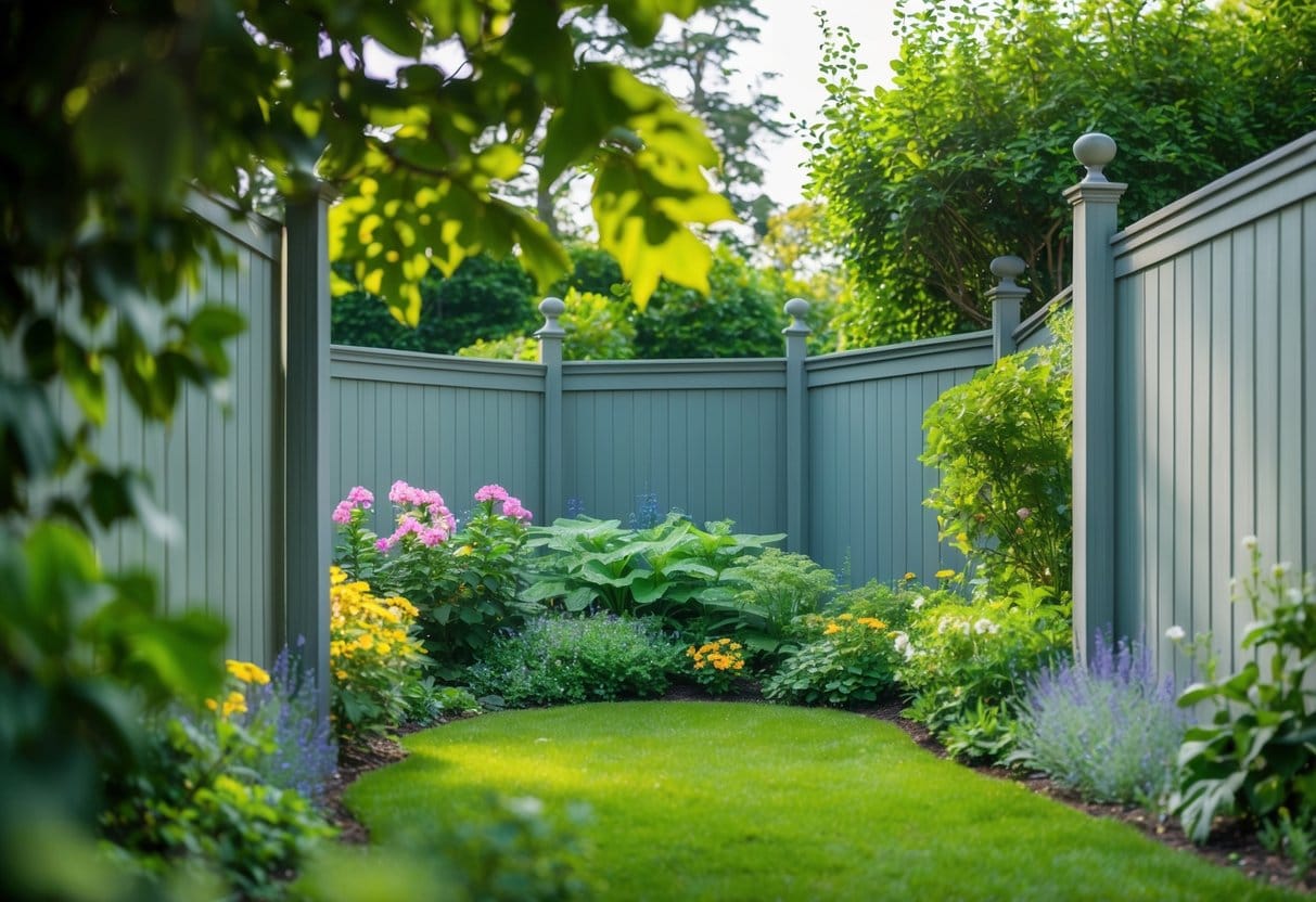 A serene garden with a tall, sturdy fence surrounding it, shielding it from outside influences. Inside, vibrant flowers and lush greenery thrive in peace