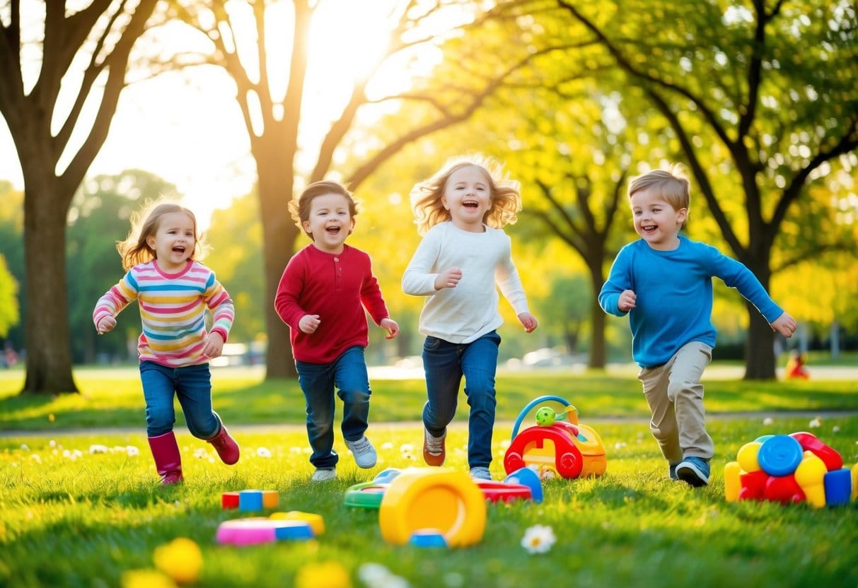 Children playing in a sunlit park, laughing and running around with colorful toys and games, surrounded by trees and flowers
