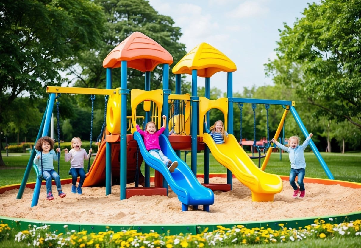 A colorful playground with swings, slides, and a sandbox surrounded by trees and flowers, with children laughing and playing joyfully