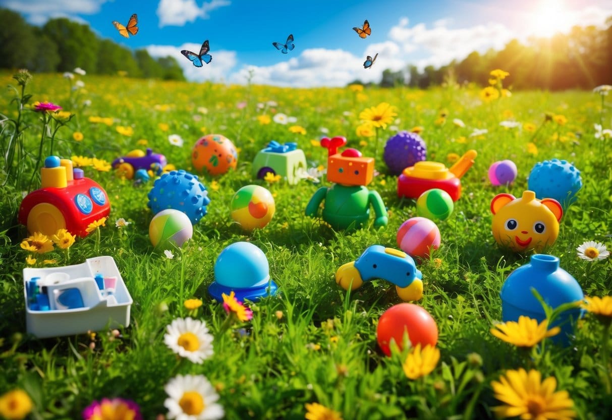 A group of diverse toys scattered across a lush green meadow, surrounded by colorful flowers and butterflies, with a bright blue sky overhead