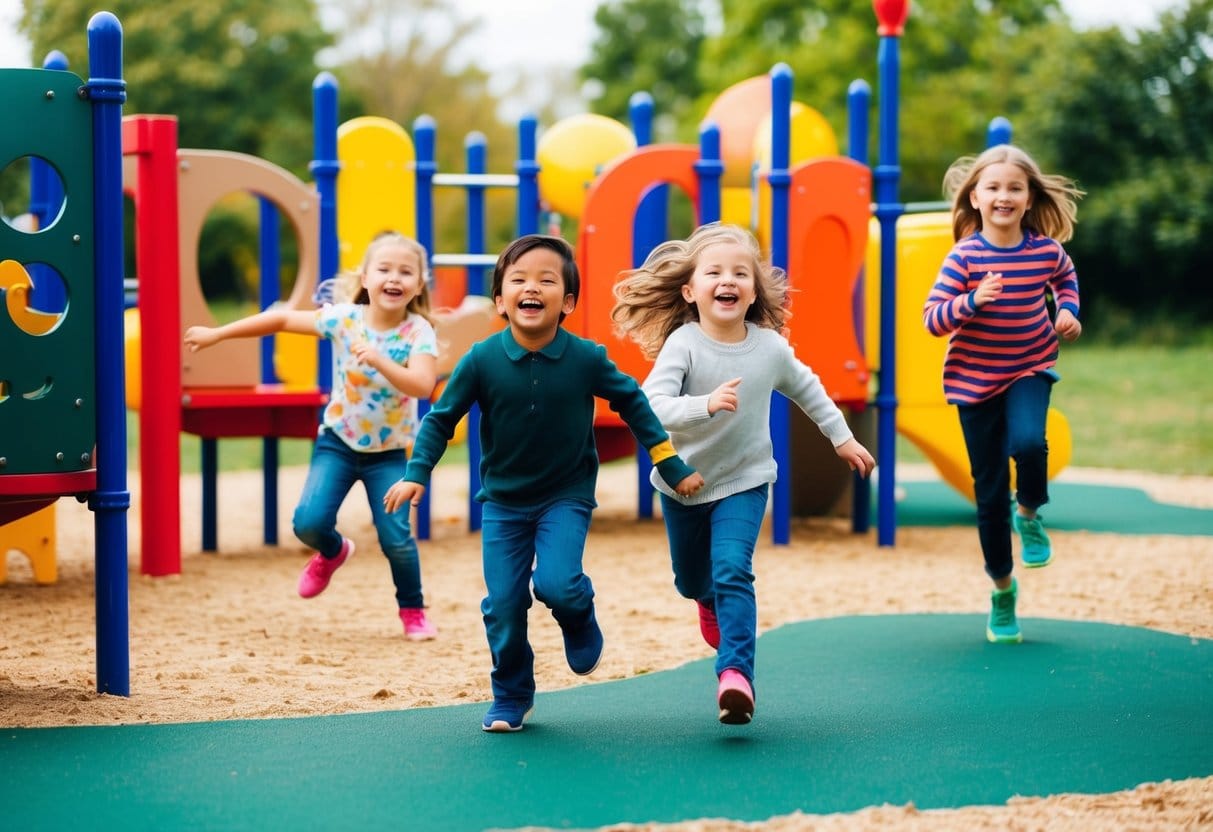Children playing in a vibrant playground, laughing and running around. A diverse range of play equipment and natural elements create an engaging and stimulating environment