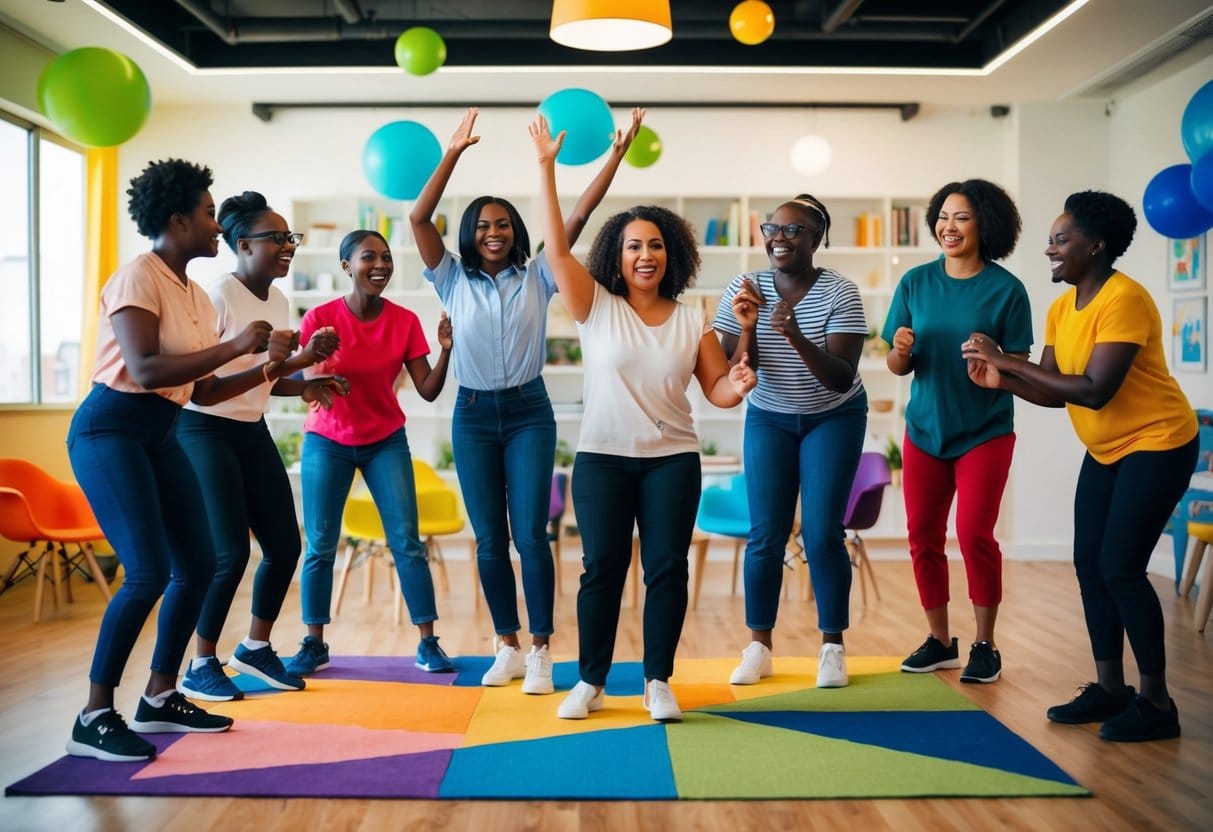 A group of diverse figures engage in various playful activities, surrounded by a vibrant and welcoming community setting