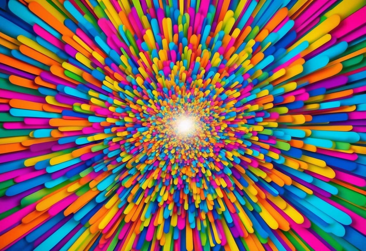 A colorful explosion of swirling shapes and patterns, bursting with energy and movement, evoking a sense of joy and freedom