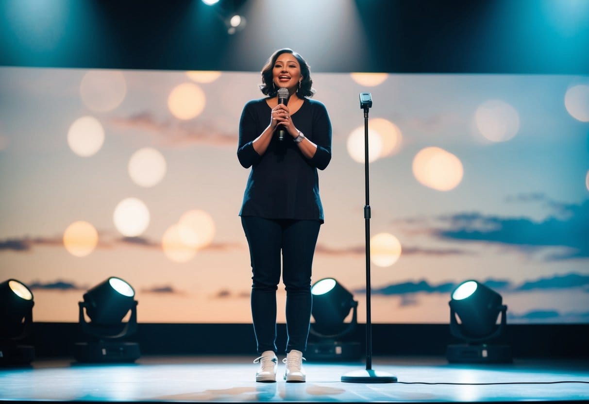 A person standing alone on a stage, surrounded by a spotlight and speaking into a microphone with a vulnerable expression