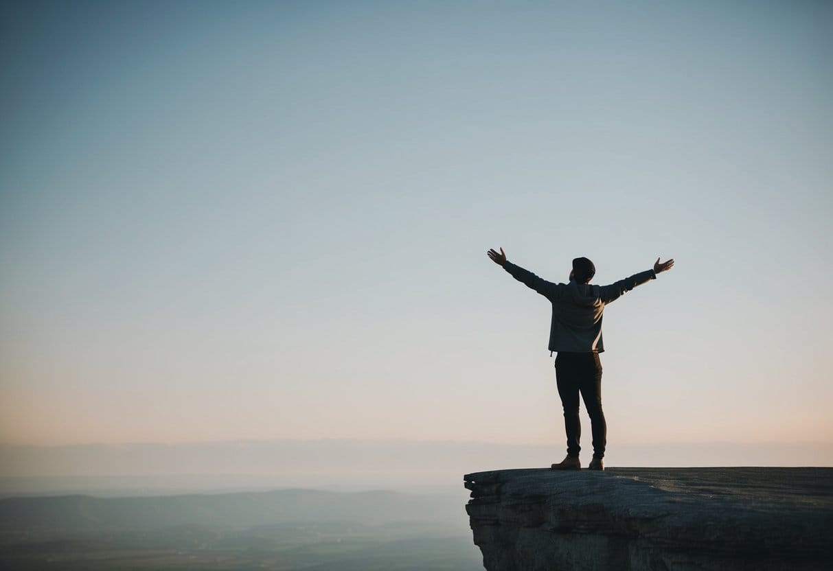 A person standing alone on a cliff, looking out at a vast and open landscape, with their arms outstretched and their head tilted back