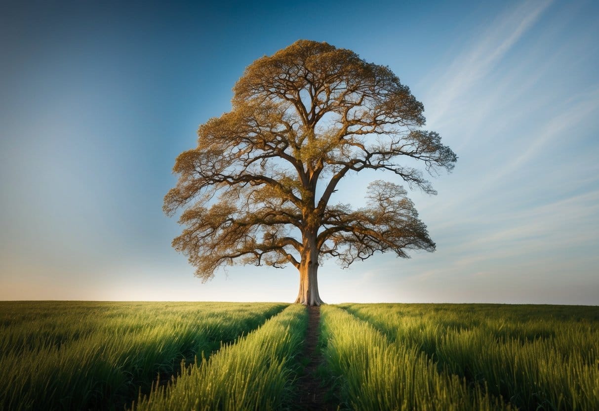 A lone tree standing tall in a field, its branches reaching out towards the sky, with roots digging deep into the earth