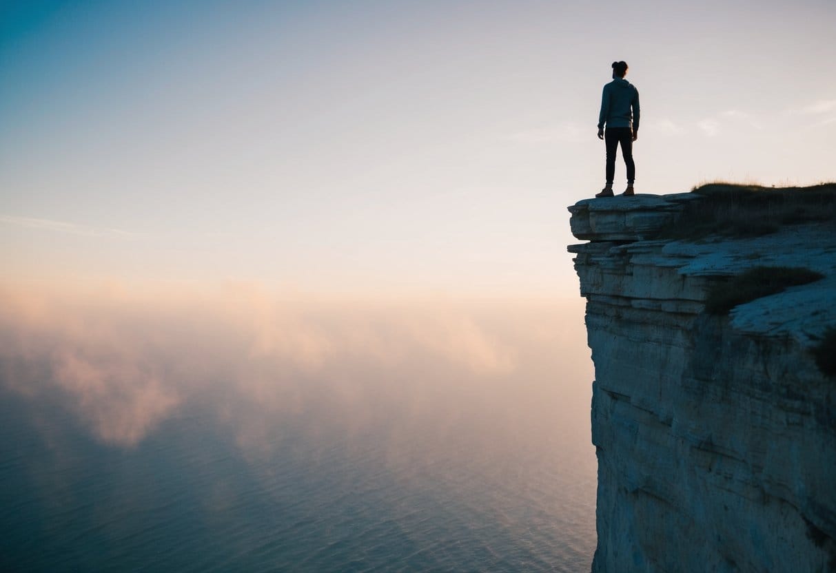 A person standing alone on a cliff, gazing at the vast open sky and feeling a sense of vulnerability and emotional depth