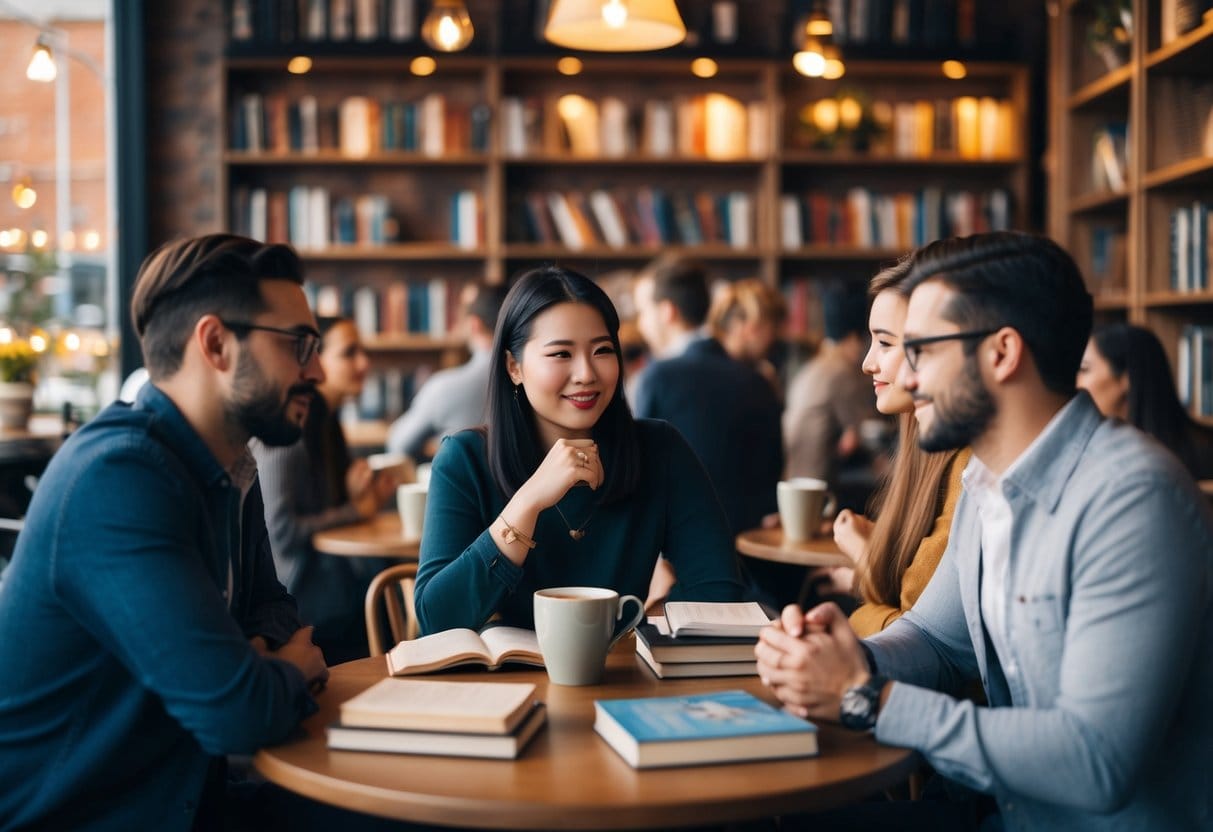 A cozy coffee shop with small groups engaged in deep conversation, surrounded by books and warm lighting