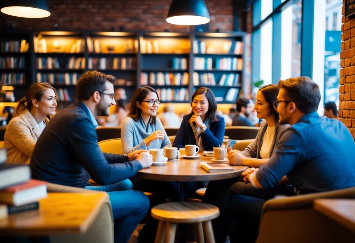 A cozy, quiet coffee shop with small groups engaged in deep conversation, surrounded by books and warm lighting