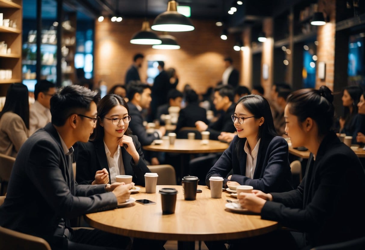 A cozy, dimly lit coffee shop with small groups of people engaged in deep conversations. Tables are arranged in a way that allows for both privacy and connection