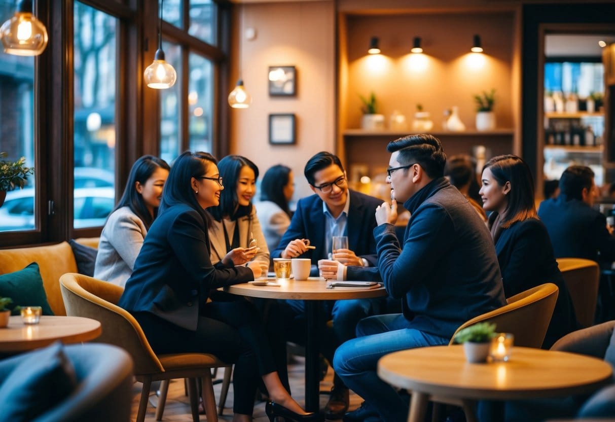 A cozy cafe with small groups of people engaged in deep conversations, surrounded by warm lighting and comfortable seating
