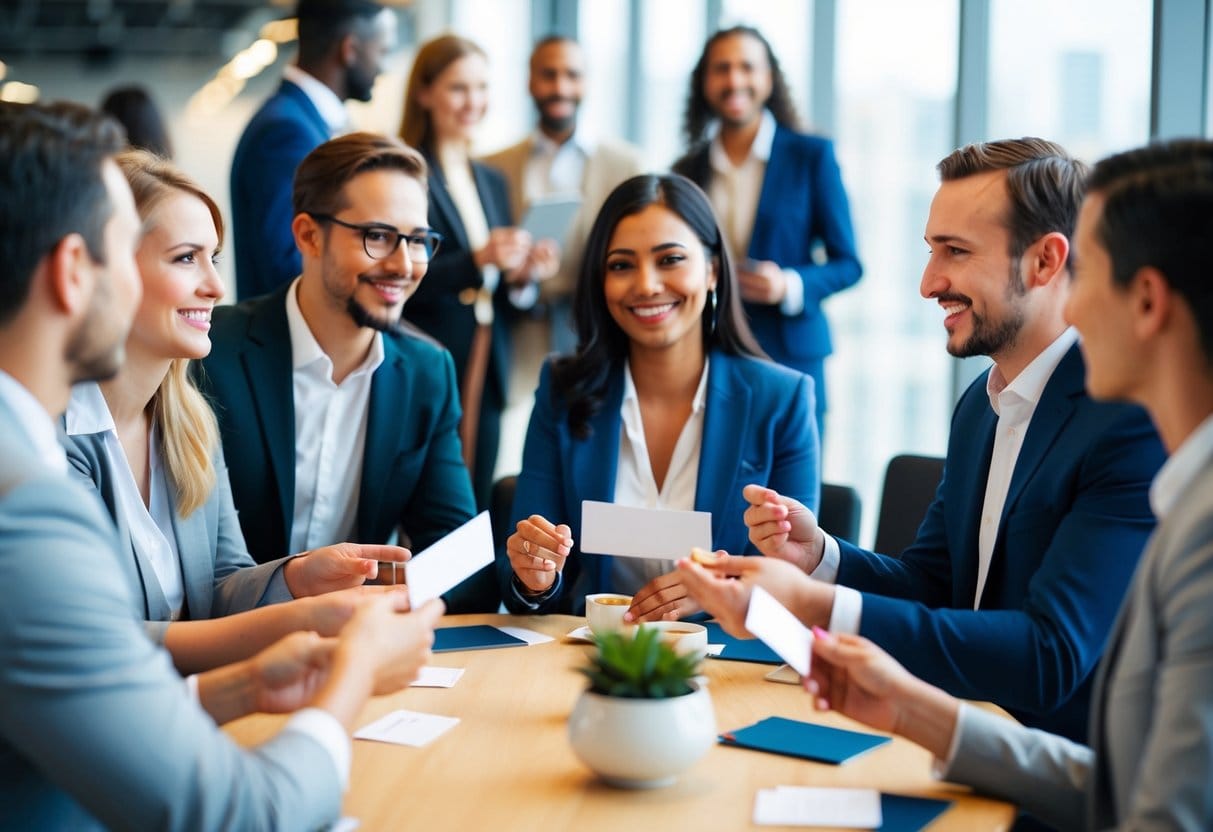 A group of people engage in conversation at a networking event, exchanging business cards and sharing ideas in a lively and welcoming atmosphere