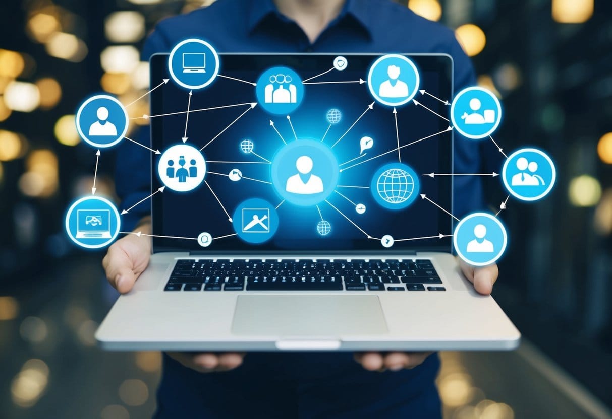 A laptop surrounded by virtual networking icons and symbols, with lines connecting to various online platforms and people